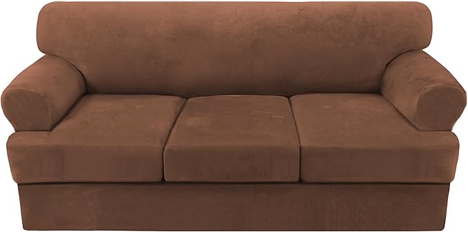 H.VERSAILTEX Thick Velvet Sofa Cover - 4 Piece T Cushion Slipcover Set for 3 Cushion Couch - Stretch, Washable, Caramel