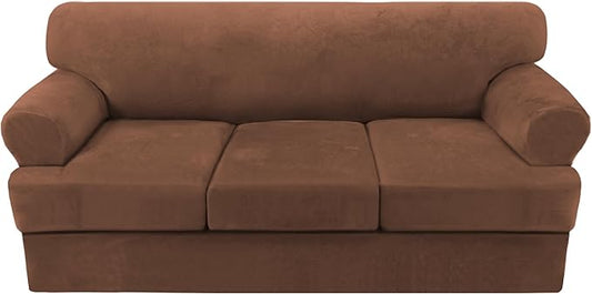 H.VERSAILTEX Thick Velvet Sofa Cover - 4 Piece T Cushion Slipcover Set for 3 Cushion Couch - Stretch, Washable, Caramel