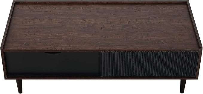 Manhattan Comfort Duane Mid Century Modern Coffee Table with Drawer & Cubby Shelf, Living Room Furniture with Ribbed Flat Design, Wood Grain Laminate Finish & Durable Iron Metal Feet, Black