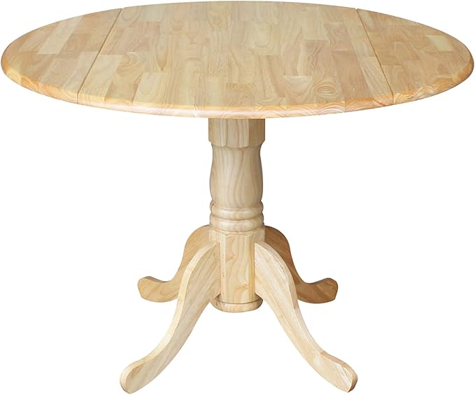 IC International Concepts, 42" Round Dual Drop Leaf Pedestal Dining Table, Solid Real Wood, Sturdy Parawood, Natural