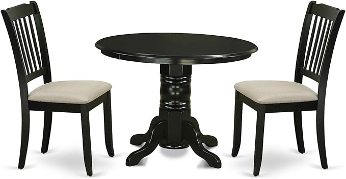 East West Furniture SHDA3-BLK-C 3 Piece Dining Table Set for Small Spaces Contains a Round Kitchen Table with Pedestal and 2 Linen Fabric Kitchen Dining Chairs, 42x42 Inch, Black