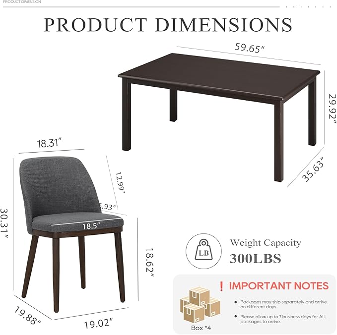COLAMY 60 Inch Rectangular Kitchen Dining Table for 6, Modern Farmhouse Dining Table Set for 6, Wood Dining Table and Upholstered Dining Chairs for Kitchen, Dining Room, Restaurant, Brown/Light Grey