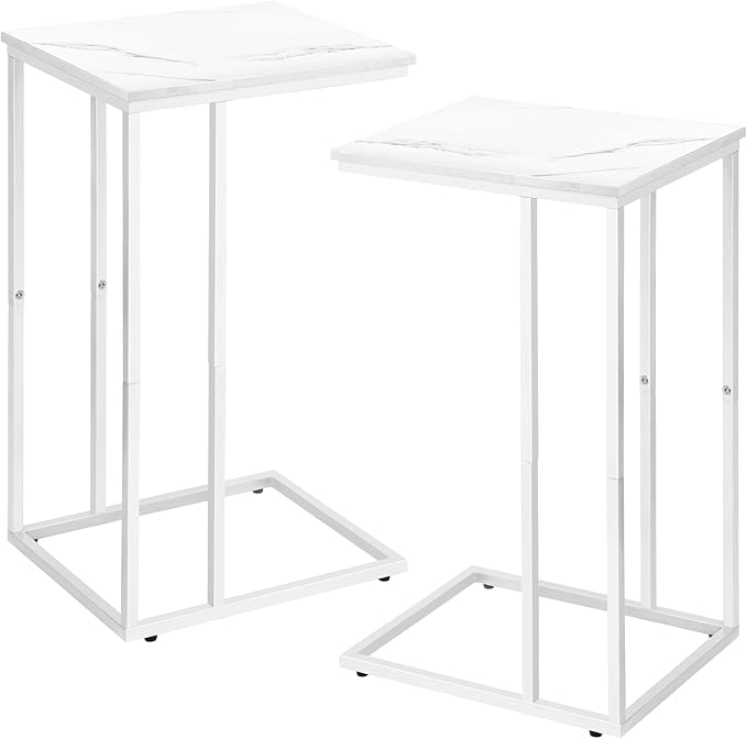 C Shaped End Table Set of 2 for Sofa and Bed, Slide Under Couch Tables, Side Table With Faux Marble Top, Small Under Table Tray for Living Room, Bedroom, White
