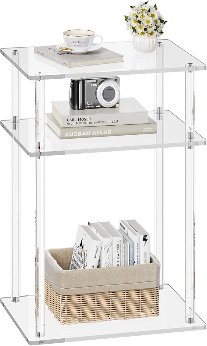 Clear Acrylic Side Table Nightstand, Modern End Table, Coffee Table for Bedroom, Living Room, Bathroom, Easy Assembly, 15.7'' L x 11.8'' W x 22.6'' H
