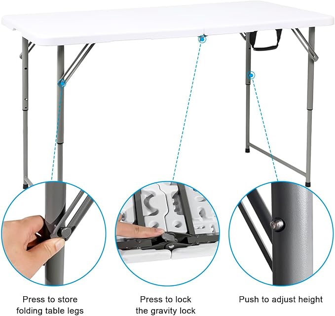 2-PCS 48" W x 24" D x 29.5" H - 4FT White Folding Table Heavy Duty Portable, Plastic Folding Utility Folding Table for Camping, Picnics & Parties