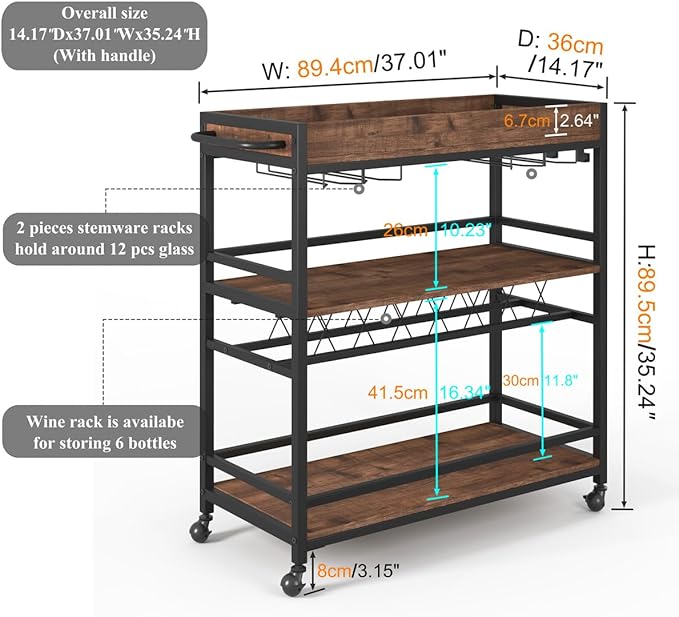 BON AUGURE Bar Cart for The Home, Rolling Home Bar Serving Cart on Wheels, 3 Tier Liquor Beverage Carts with Wine Rack and Glass Holder (Rustic Oak)