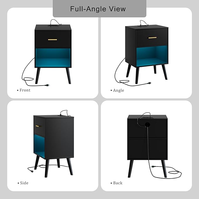Nightstand with Charging Station and LED Lights, Small Side Table, Bedside Table with Drawer, Modern Night Stand, End Table for Bedroom, Living Room (Black)