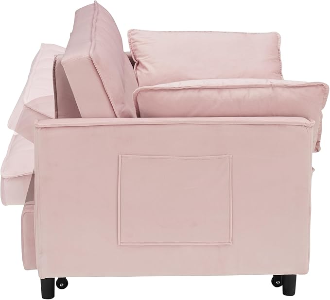 Ball & Cast Convertible Sofa Bed,Loveseat Sleeper Sofa W/Pull-Out Bed&2 Pillows,Convertible Pull Out Couch W/Adjustable Backrest&Side Pocket,Velvet Futon Couches for Living Room,Apartment,Pink,55"