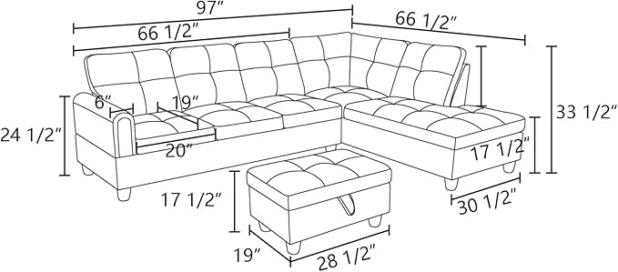 L-Shaped Sectional Sofa with Ottoman, Right-Facing Modern Microfiber Couch for Living Room, Bedroom, Office, Gray-Blue