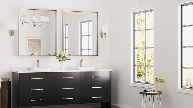 Keonjinn 30 x 36 in Brushed Nickel Bathroom Mirror for Over Sink, Rectangular Silver Metal Framed Rectangular Vanity Wall Mirror Square Corner Modern Farmhouse Rectangle Mirror(Horizontal/Vertical)