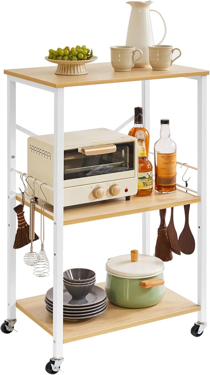 IBUYKE Kitchen Shelf Cart, 3-Tier Microwave Oven Stand, Baker’s Rack with Metal Frame and 8 Hooks, Industrial Printer Stand, Utility Standing Storage Shelf for Coffee Bar, Simple Assembly, TMJ023R