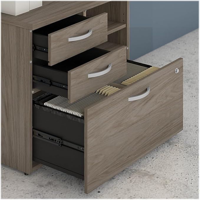 Bush Business Furniture Studio C Office Storage Cabinet with Drawers and Shelves in Modern Hickory, Organization for Home or Professional Workspace