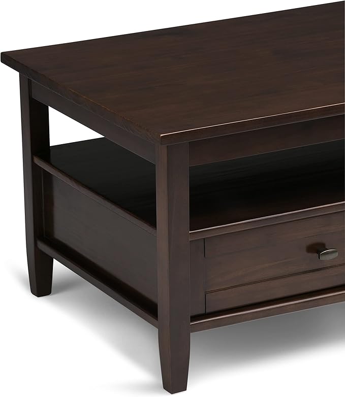 SIMPLIHOME Warm Shaker Coffee Table - 48 inch Wide Solid Wood Cocktail Table in Tobacco Brown, Transitional Living Room Table with 2 Storage Drawers and Open Shelf for Sitting Area or Lounge