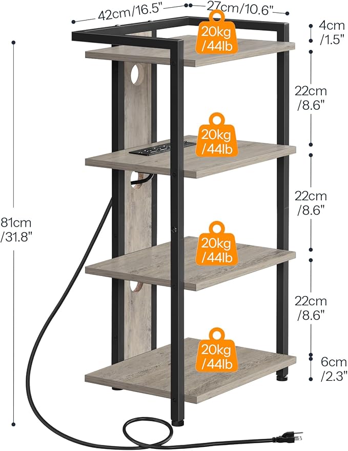 HOOBRO 4-Tier AV Media Stand, Media Console with Charging Station and LED Light, Wooden Stereo Cabinet, Corner TV Stand, Record Player, Entertainment Device Stand, BG38UDCJ01