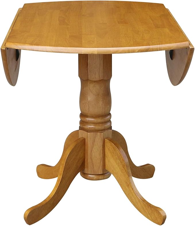 IC International Concepts, 42" Round Dual Drop Leaf Pedestal Dining Table, Solid Real Wood, Sturdy Parawood, Dimensions 42"D x 42"W x 29.5"H, 20mm thickness, 40lbs Weight Capacity, Oak