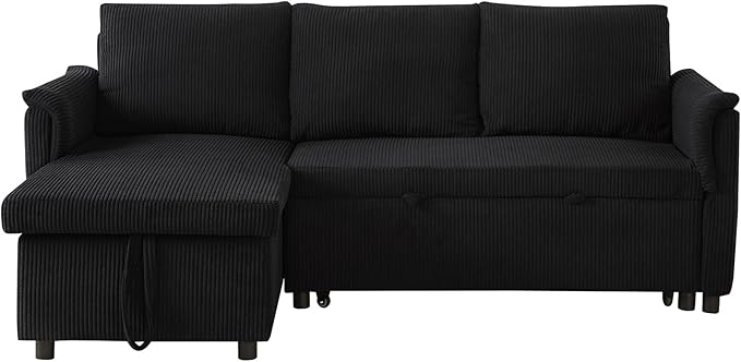 Ball & Cast L-Shape Reversible Sectional Sleeper Sofa Bed 4 in 1 Pull Out Couch with Storage Chaise&Removable Backrest,Convertible Sleeper Corner Couch Pull-Out Sofa Bed for Living Room,Corduroy,Black