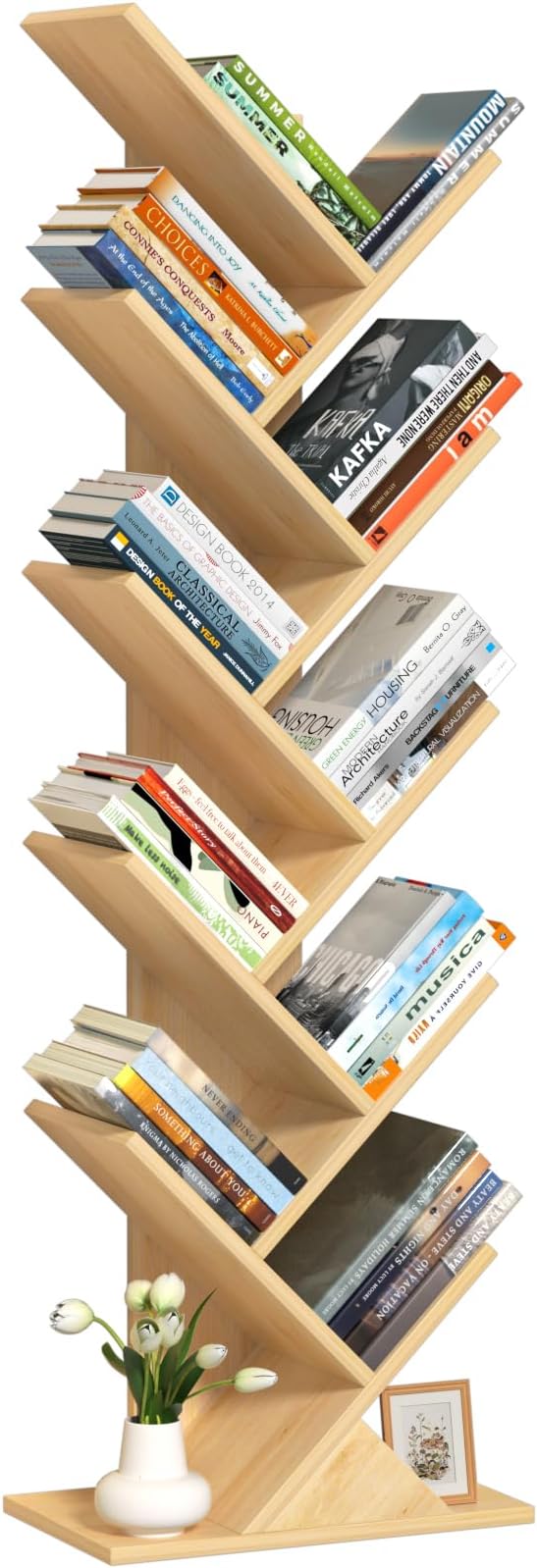 10 Tier Tree Book Shelf, Floor Standing Wood Bookshelf for Narrow Space, Storage Organizer Bookshelves for Books/CDs/Magazine, Bookcase with Shelves for Home Office, Living Room - Natural