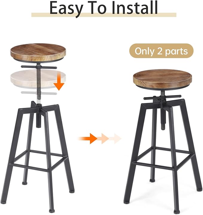 Vintage Adjustable Bar Stools Set of 2, Height Ranges from 24.8 to 30.8 inch, Natural Wood Seat and Heavy Metal Frame Rustic Industrial Swivel Bar Stools