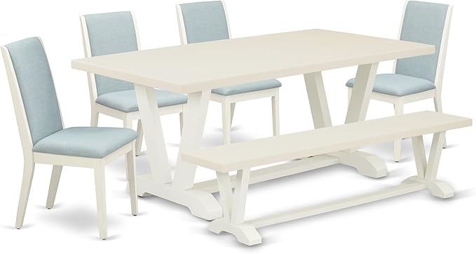 East West Furniture V027LA015-6 6 Piece Dining Room Set Contains a Rectangle Dining Table with V-Legs and 4 Baby Blue Linen Fabric Parson Chairs with a Bench, 40x72 Inch, Multi-Color