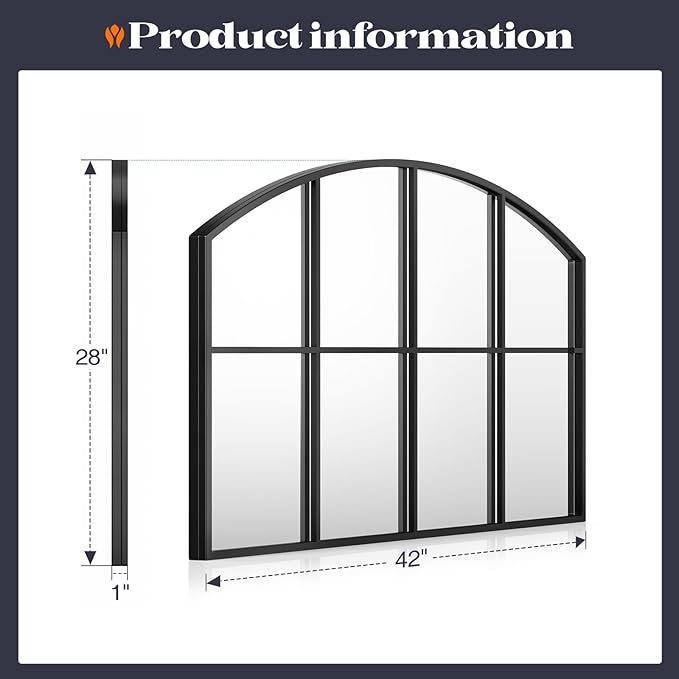 Wide Window Pane Mirror, 42" x 28" Black Arched Mirrors for Wall, Grid Wall Mirror Decorative Large Mirrors for Living Room Bedroom Farmhouse Fireplace Hallway Entryway