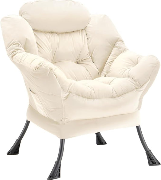 Lazy Chair Thick Padded, Comfy Velvet Accent Lounge Chair with Stable Frame, Leisure Sofa Armchair with Armrests and Side Pocket, Reading Chair for Bedroom, Living Room, Office, Beige