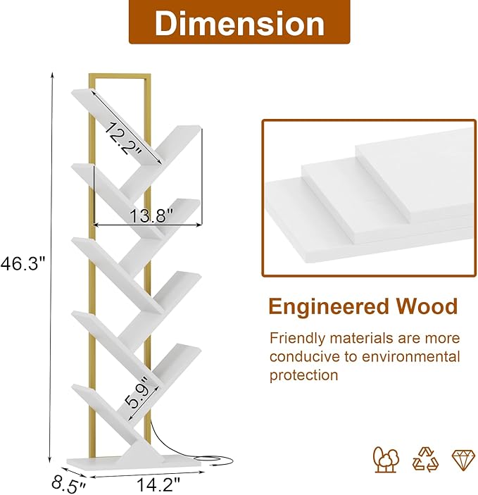 Tree Book Shelf with LED Lights, 9 Tier Floor Standing Bookcase, Classical Corner Shelf Kids Bookshelf, Tall Wood Book Storage for Bedroom, Living Room, Home Office, White