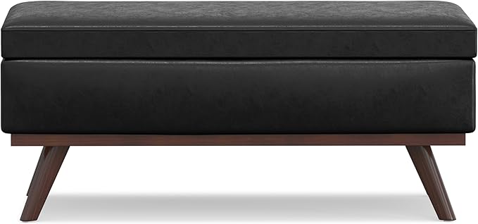 SIMPLIHOME Owen 42 inch Wide Mid Century Modern Rectangle Lift Top Large Coffee Table Storage Ottoman in Distressed Black Vegan Faux Leather, Assembled, for the Living Room, Entryway and Family Room
