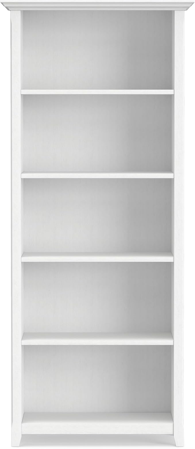 SIMPLIHOME Amherst Bookcase - 70 inch Tall 5-Shelf Solid Wood Bookshelf in White, Transitional Storage for Living Room, Study Room or Office with Adjustable Shelves and Tapered Legs