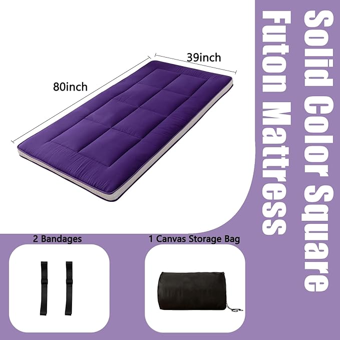 MAXYOYO Twin Bed Mattress Japanese Floor Mattress Futon Mattress, Twin Mattress Pad Camping Mattress Floor Bed Mattress Topper, Easy to Foldable and Portable, Purple Futon Single Mattress