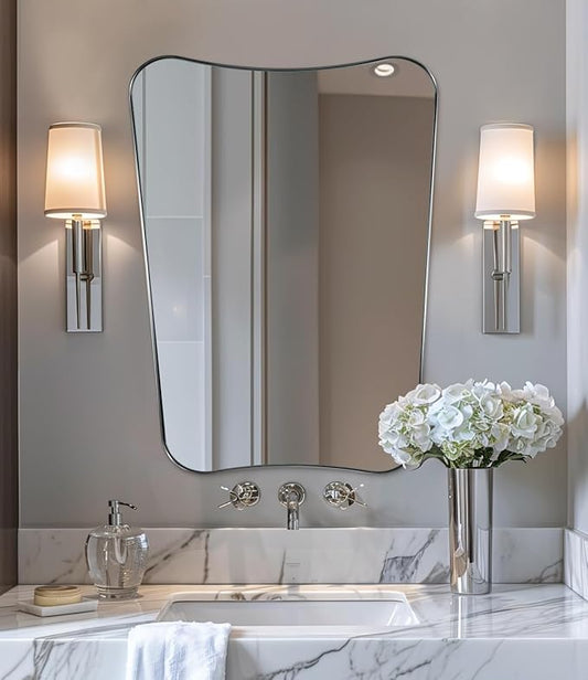 ANDY STAR Chrome Mirror for Bathroom, 22x30 Inch Asymmetrical Mirror, Polished Chrome Bathroom Vanity Mirror with Rust-Proof Stainless Steel 1’’ Frame, Unique Shape for Home Remodel