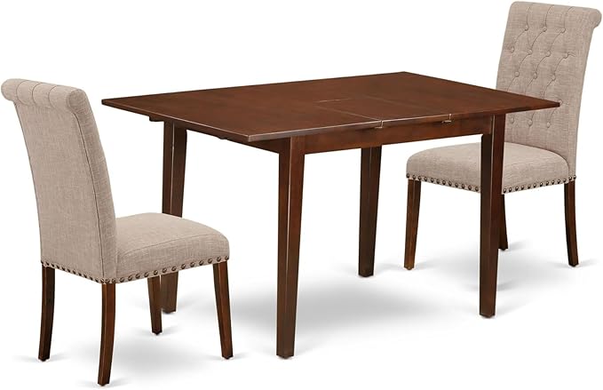 East West Furniture NOBR3-MAH-04 3 Piece Dining Room Table Set Contains a Rectangle Kitchen Table with Butterfly Leaf and 2 Light Tan Linen Fabric Parson Chairs, 32x54 Inch, Mahogany