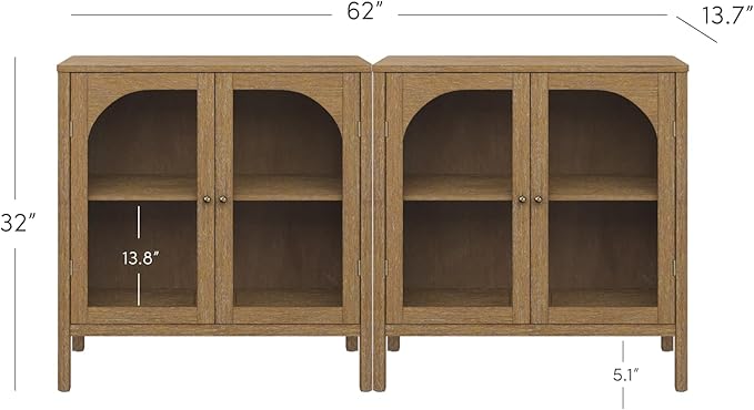 Nathan James Mason TV Stand, Free Standing Accent Sideboard Buffet, Credenza with Glass Doors and Adjustable Shelf in Brushed Light Brown Wood for Dining Room, Entryway and Living Room, Set of 2