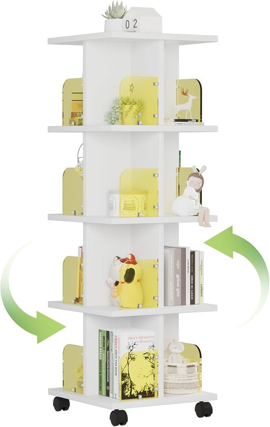 VECELO 4-Tier Rotating Bookshelf on Wheels, Revolving Bookcase Tower, Mobile Book Rack with Acrylic Windows, Narrow Rolling Bookshelves for Small Space, Corner, Bedroom, Office, White