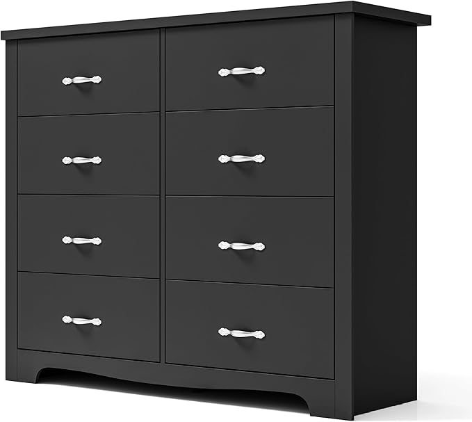 LINSY HOME 8 Drawers Dresser for Bedroom, 47" Wide Rustic Wood Dressers & Chests of Drawers, 40" Tall Modern Storage Dresser with Antique Handles for Closet, Living Room, Hallway, Black