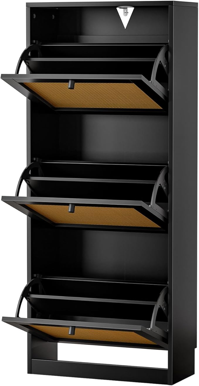 Rattan Shoe Cabinet 3-Tier, Narrow Shoe Cabinet with 3 Flip Drawers and Adjustable Shelves,Entryway Black Shoe Organizer with Removable Shelves for Hallway, Entrance