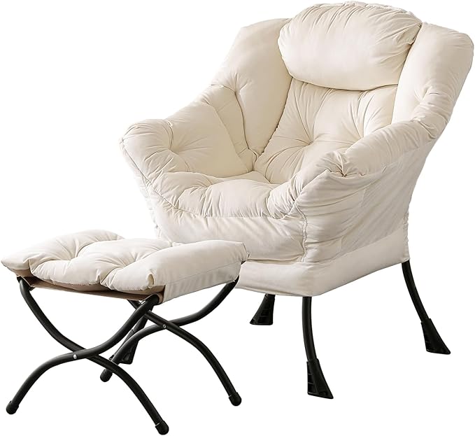 LITA Lazy Chair with Ottoman, Accent Contemporary Lounge Single Leisure Upholstered Sofa Set Armrests and a Side Pocket, Reading for Living Room & Bedroom, Beige 10.6D x 28.3W x 36.6H in
