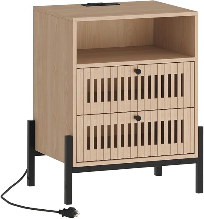 Vabches Nightstand with Charging Station and USB Ports,Industrial Style Fluted End Table, Bedside Table with 2 Drawers and Open Shelf, Sofa Side Table for Bedroom, Living Room, Set of 1