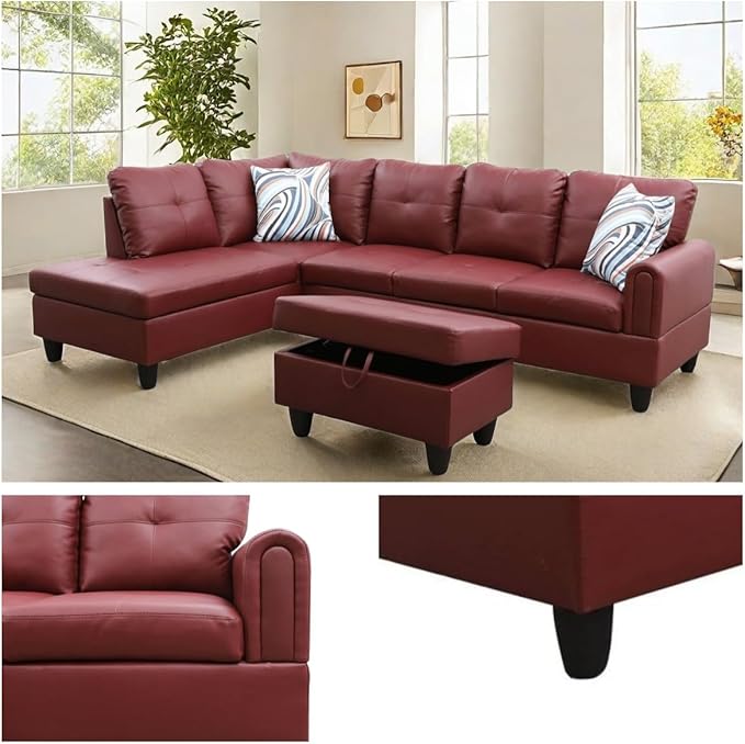 NAYSAYE Sectional Couch with Ottoman Storage, L Shaped Couch Sofa Furniture Sets, Modern Comfy Modular Comfy Sofa for Living Room Bedroom, Office and Apartment, Red
