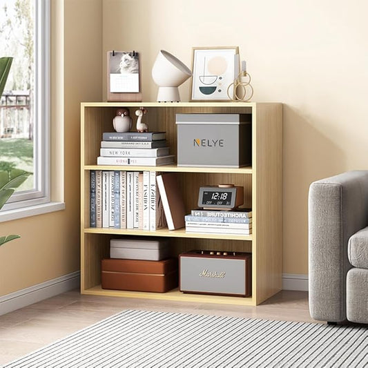 Basic Open Shelf Bookcase - 3-Tier Wooden Cube Storage Shelves Split Bookshelf, Oak