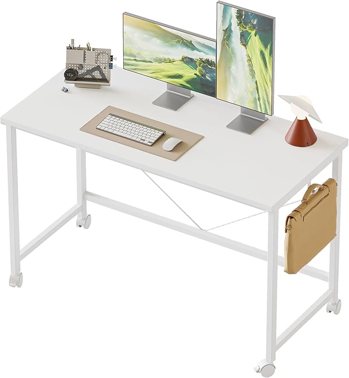 Rolling Computer Desk with Wheels, Gaming Desk for Small Spaces, Modern Simple Style Table for Home Office, Study Writing Table (Caster, White, 40 inch)