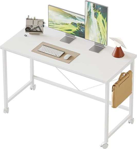 Rolling Computer Desk with Wheels, Gaming Desk for Small Spaces, Modern Simple Style Table for Home Office, Study Writing Table (Caster, White, 40 inch)