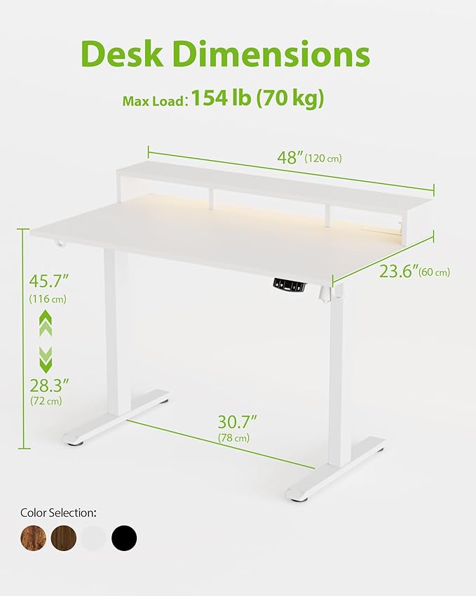 Electric Height Adjustable Standing Desk with Power Outlet and LED Light Strip, Sit to Stand, Ergonomic 48x24 Rising Desk with Memory Presets, Home Office Workstation, Computer Gaming Table, White