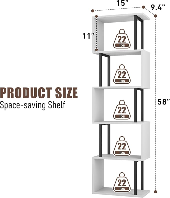 Gadroad 5-Tier Bookshelf, Narrow S-Shaped Geometric Bookcase, Wood Decorative Storage Shelving, Modern Freestanding Display Shelves, Book Shelf Unit for Living Room Bedroom Home Office, White
