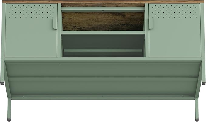 Manhattan Comfort Landen 47" Modern Metal TV Stand with Storage Cabinets & Open Shelves, Holds Up to 40" Screen, TV Console with Natural Wood Top, Cable Management, Adjustable Legs, Green