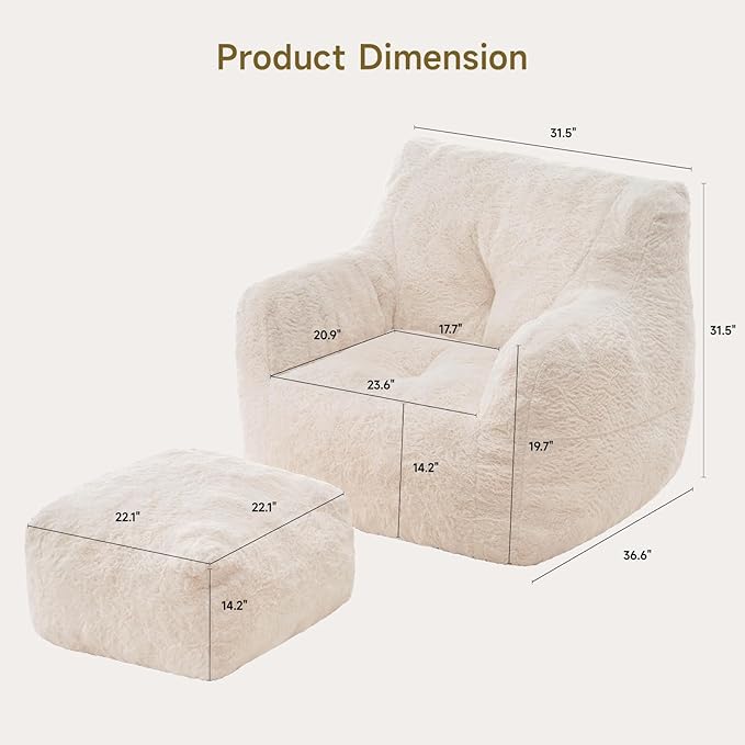 Giant Bean Bag Chairs for Adults with Ottoman, Faux Fur Boneless Chaise Couch Filler with Memory Foam,Large BeanBag Lounge Lazy Floor Sofa Accent Chair for Living Room,Bedroom & Game Rooms