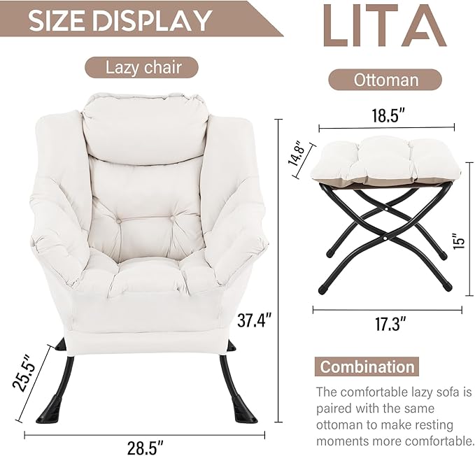LITA Lazy Chair with Ottoman, Modern Accent Leisure Upholstered Sofa, Contemporary Lounge Reading Chair with Armrests and a Side Pocket for Living Room, Bedroom & Small Space, Beige