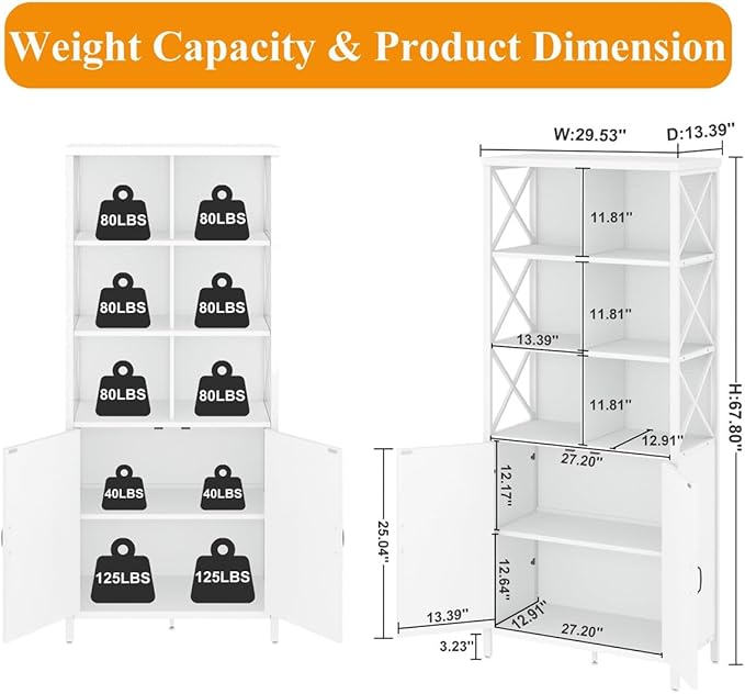 FATORRI Tall Bookshelf and Bookcase, Industrial Bookshelf with Doors, Bookcase with Storage, Cube Storage Organizer Bookshelves, Wood Book Shelf for Living Room, Home Office (White Oak, 67 Inch)