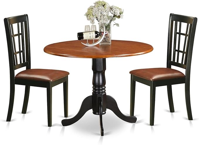 East West Furniture DLNI3-BCH-LC 3 Piece Dining Set Contains a Round Dining Room Table with Dropleaf and 2 Faux Leather Upholstered Chairs, 42x42 Inch, Black & Cherry