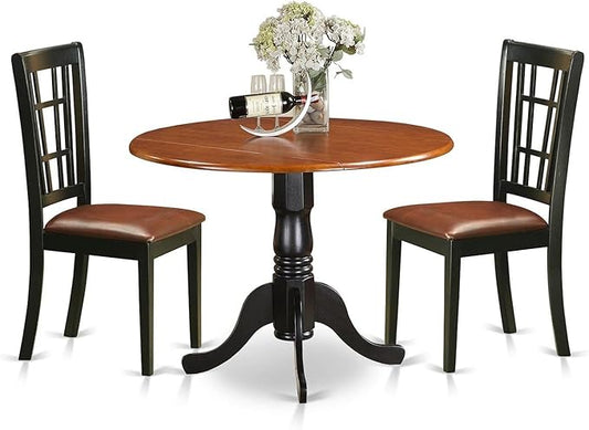 East West Furniture DLNI3-BCH-LC 3 Piece Dining Set Contains a Round Dining Room Table with Dropleaf and 2 Faux Leather Upholstered Chairs, 42x42 Inch, Black & Cherry
