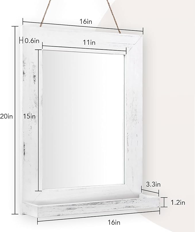QDSSDECO 16"×20" Wall Mirror with Shelf Farmhouse Decor Rectangular Mirror Hanging for Bathroom, Vanity, Bedroom, Entryway, Living Room,White with Hemp Rope